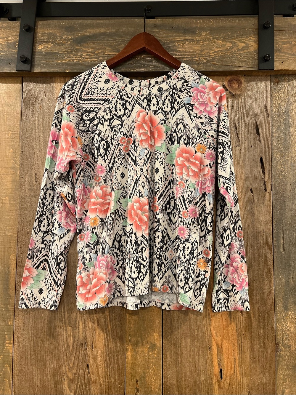 Johnny Was Mixed Floral Ikat Long Sleeve Raglan Top Medium Pima Cotton Modal